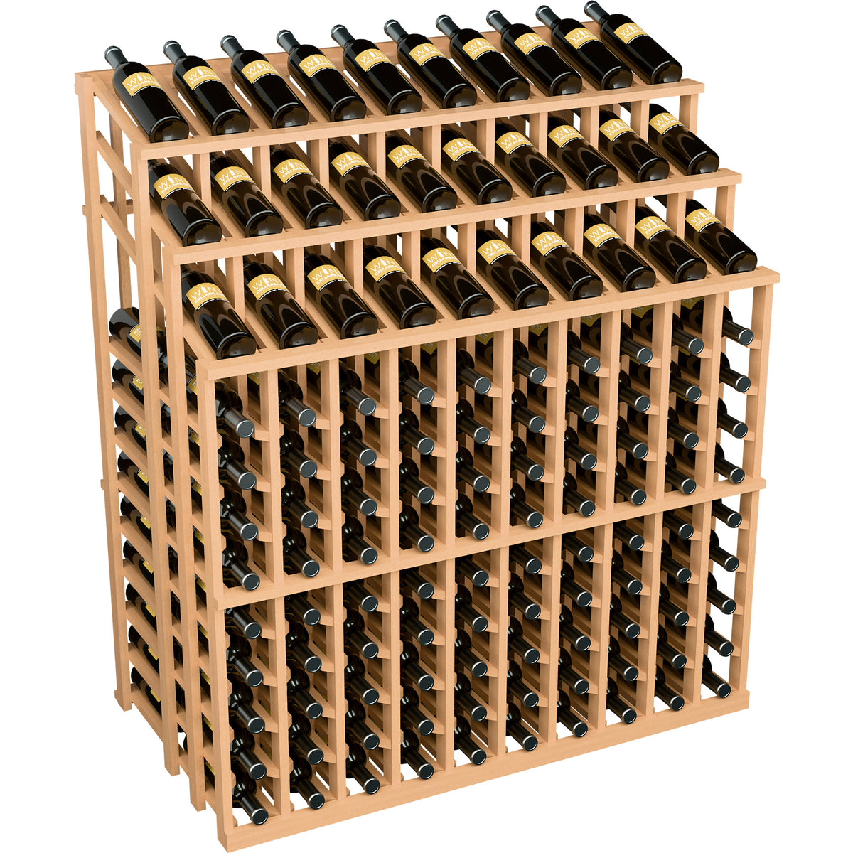 Wood wine bottle display rack with three tiers and many black bottles with gold labels
