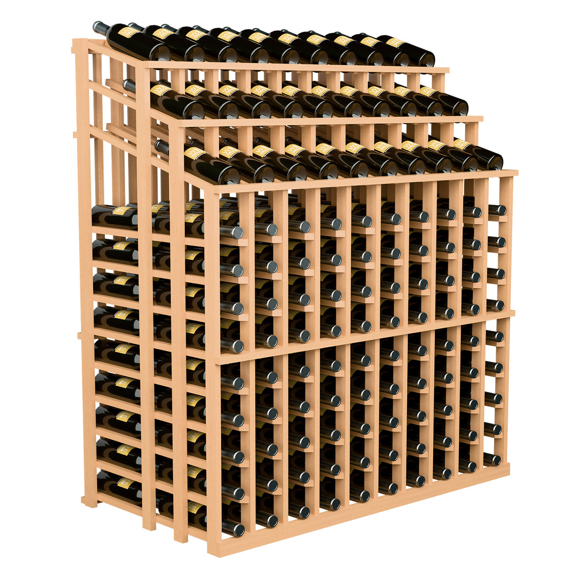 Three-level wine bottle storage rack with black bottles arranged in grid-style slots