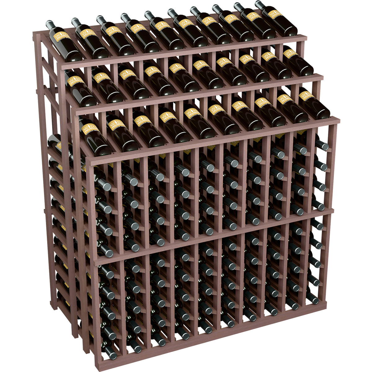 Rosewood wine bottle display rack with open grid slots, holding many dark wine bottles