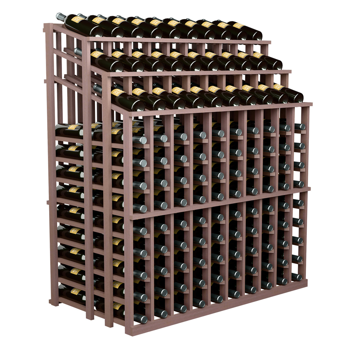 Commercial wine bottle display rack with brown wooden frame and black bottle rows