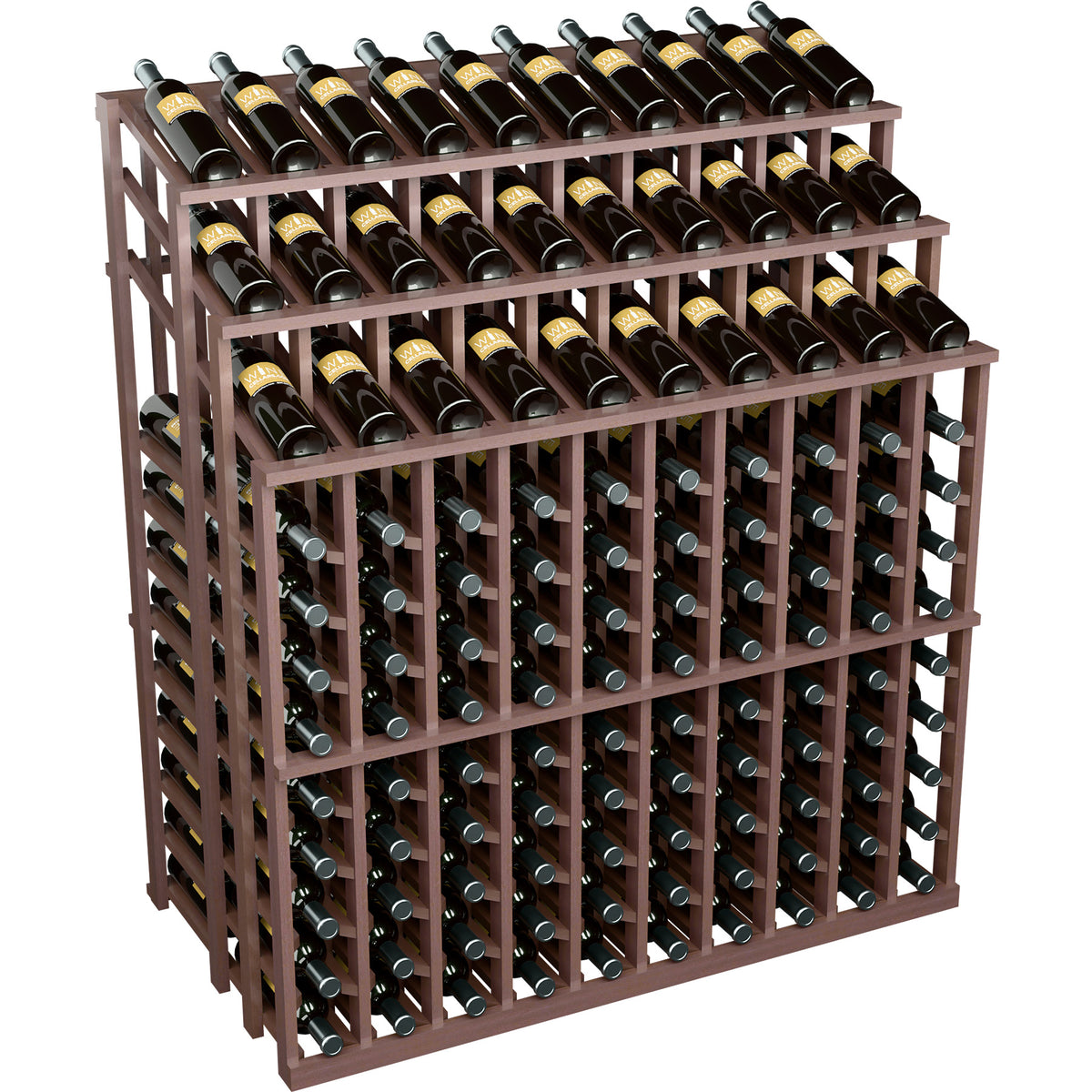 Wood wine bottle display with three tiers, holding rows of black bottles with gold caps