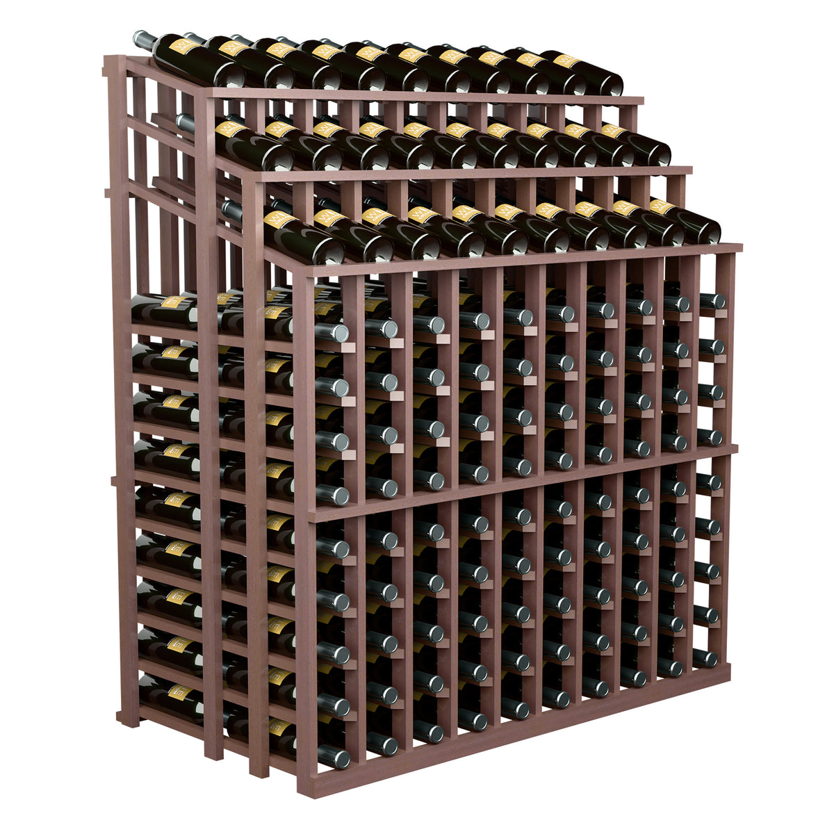 Wine bottle display rack with dark wood frame and multiple rows of black bottles