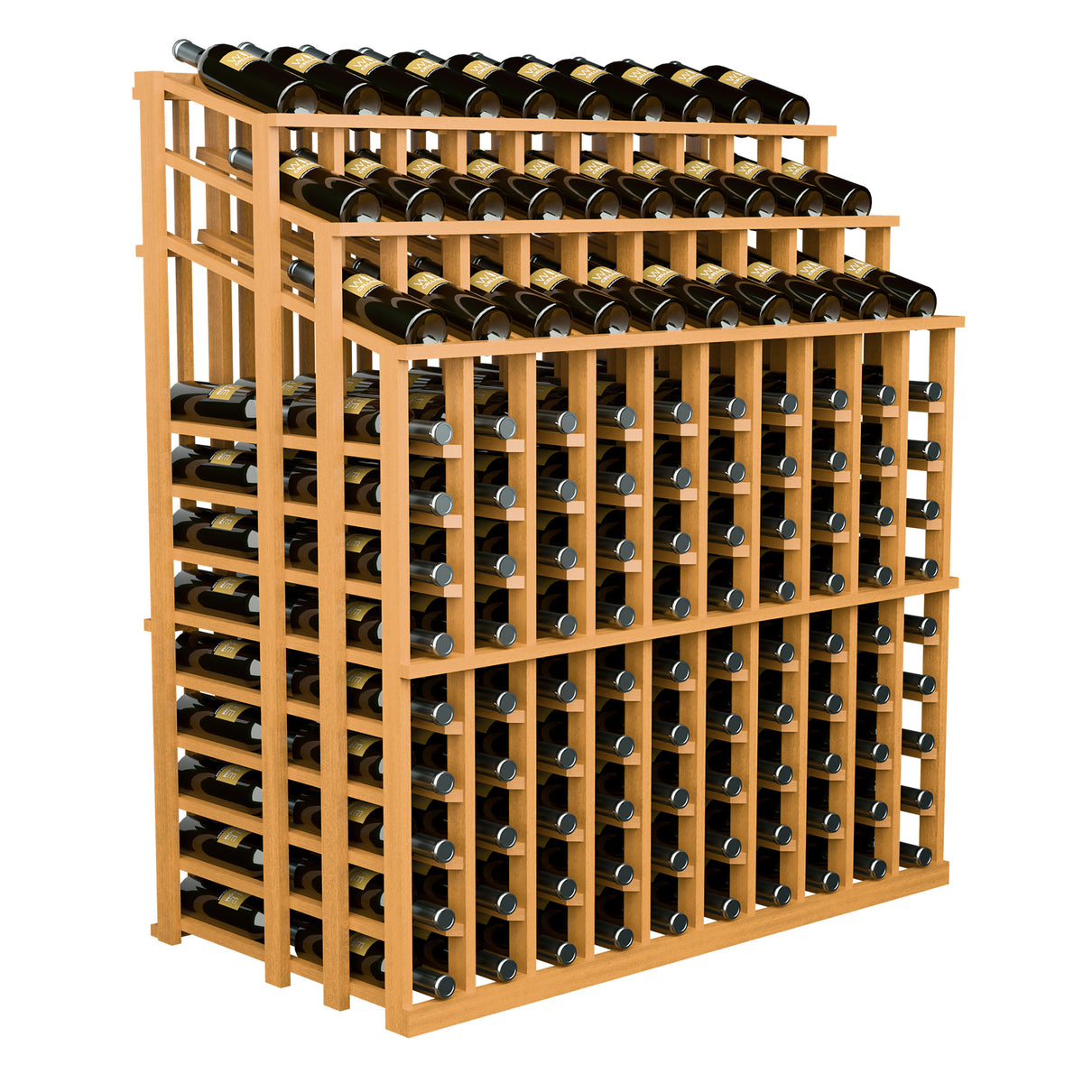 Three-tier wine bottle holder rack with warm wood sides and slanted bottle slots