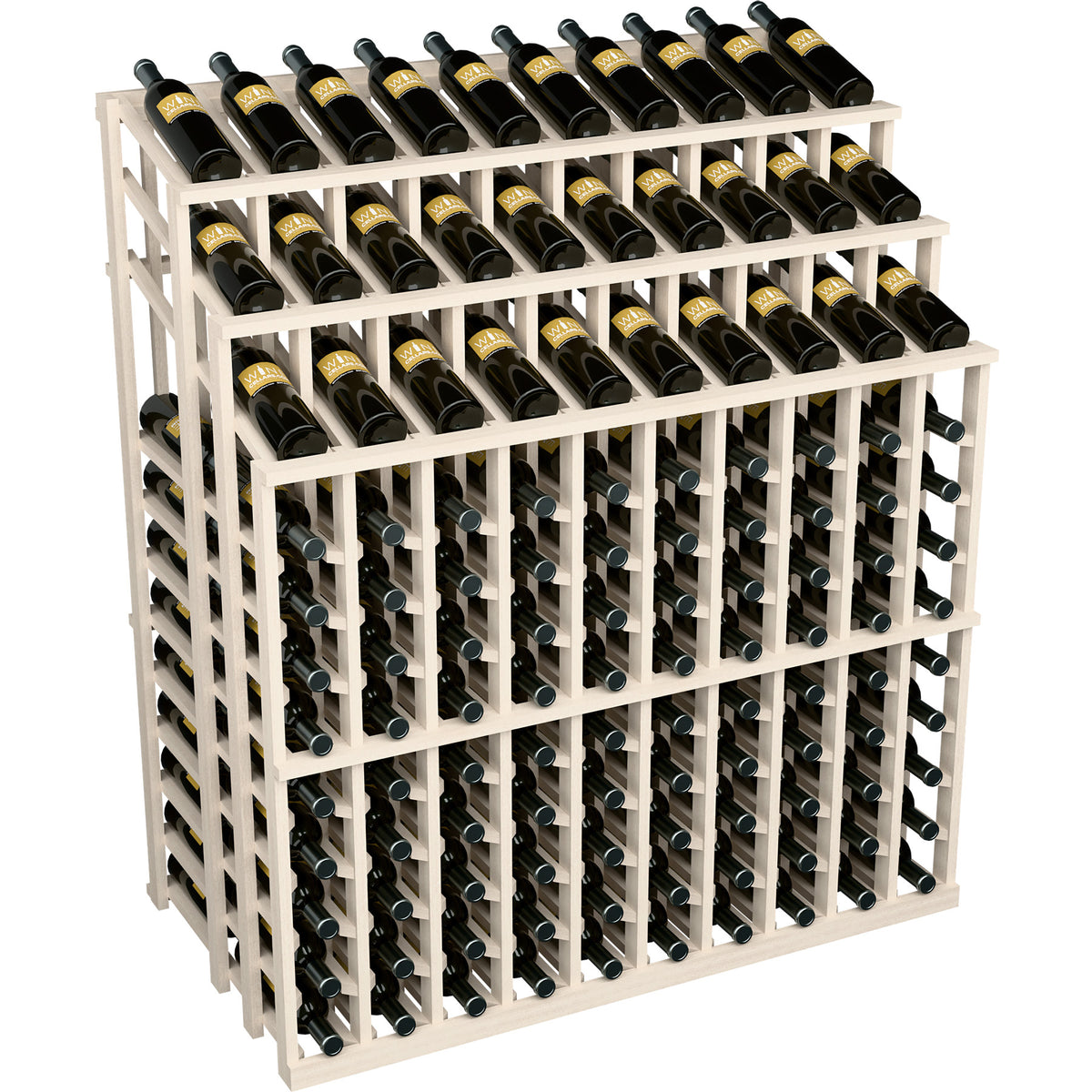 White wine bottle display rack with three shelves of black bottles and circular front bottle holders