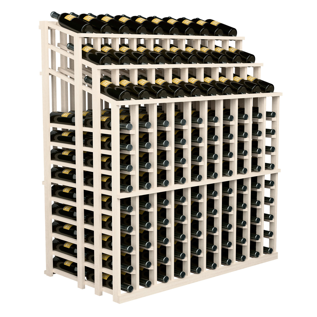 Light wood wine bottle display rack with three rows of bottle holders