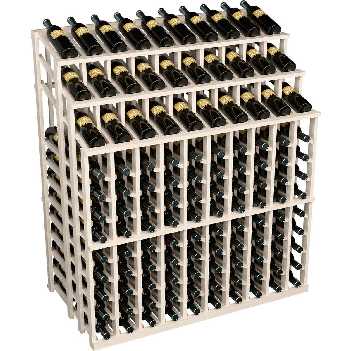 Commercial wine bottle display rack with pale wood frame and multiple black bottle rows
