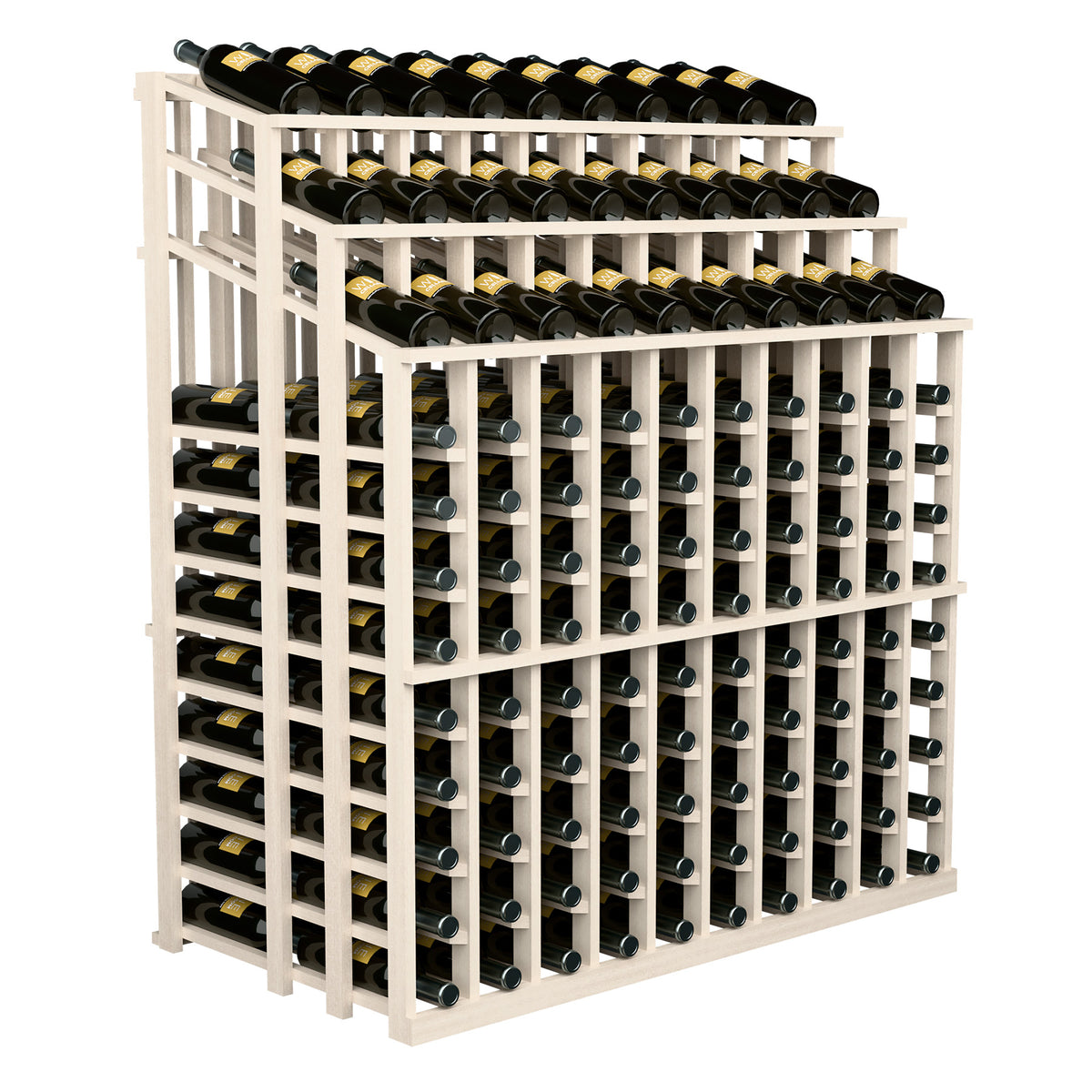 White wood wine bottle display rack with three tiers and neatly organized bottle holders