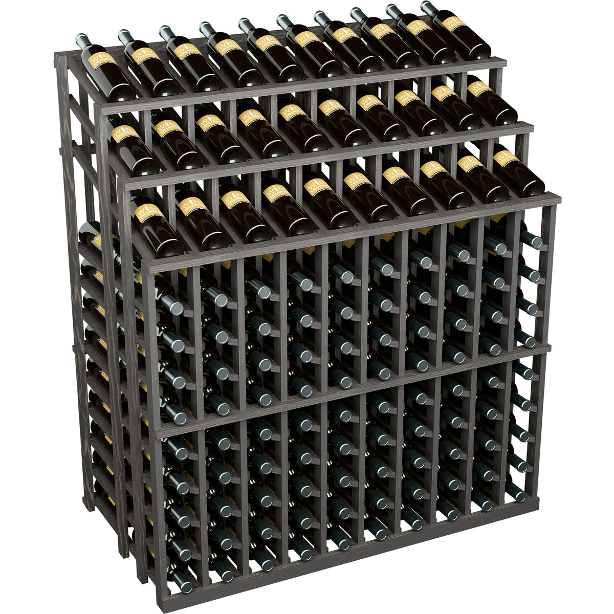 Dark gray wine bottle display rack with multiple black bottles in top and middle tiers
