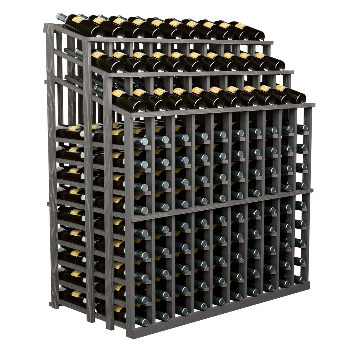 Wood wine bottle display rack with open-front triple tier, holds many bottles, dark frame.