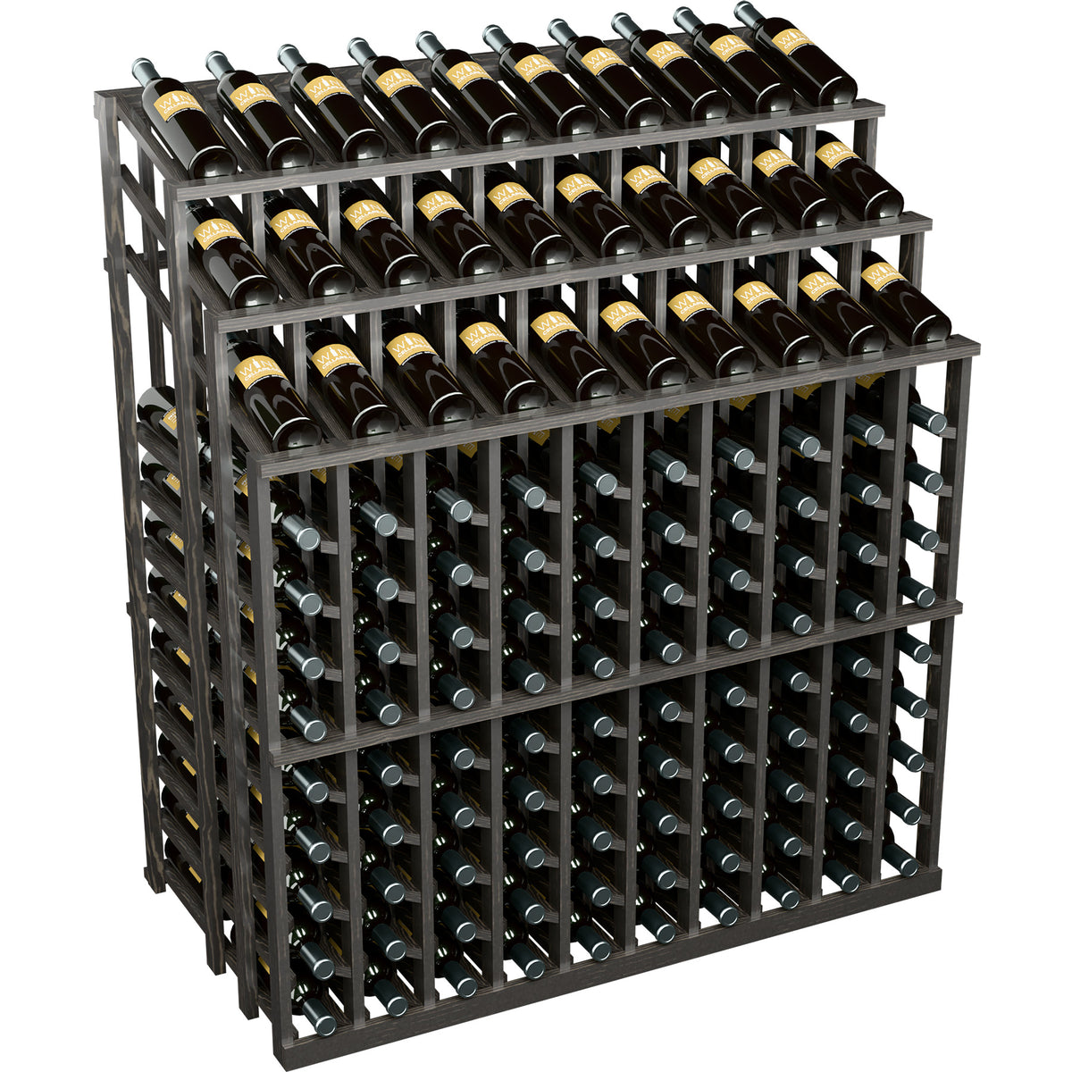 Wine bottle display rack with multi-tier slots, dark wood frame holding wine bottles