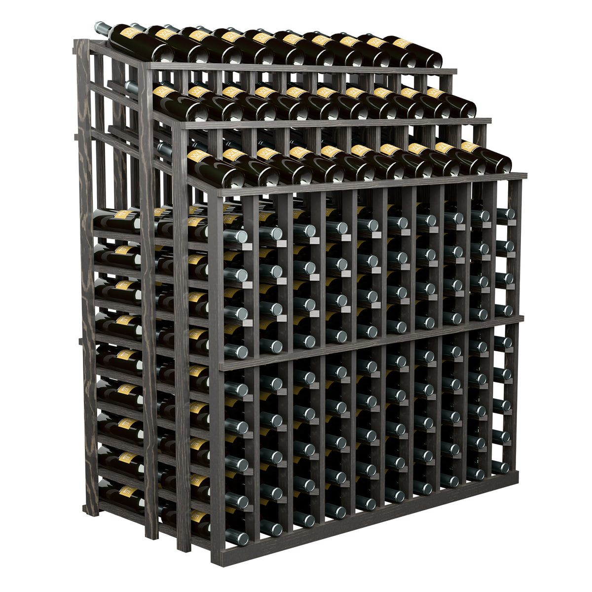 Wine bottle display rack shown from the side, dark frame with multi-tier wine bottle slots