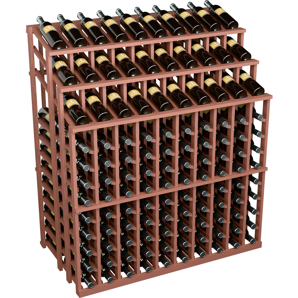 Red-brown wood wine bottle display rack with open grid, holding dark wine bottles on tiers
