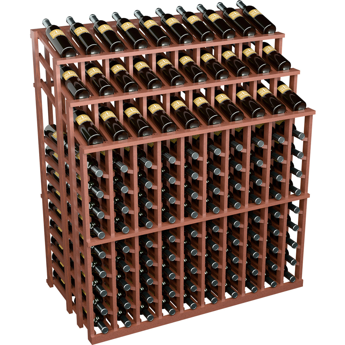 Wine bottle display rack with multi-tier slots, reddish wood frame holding wine bottles