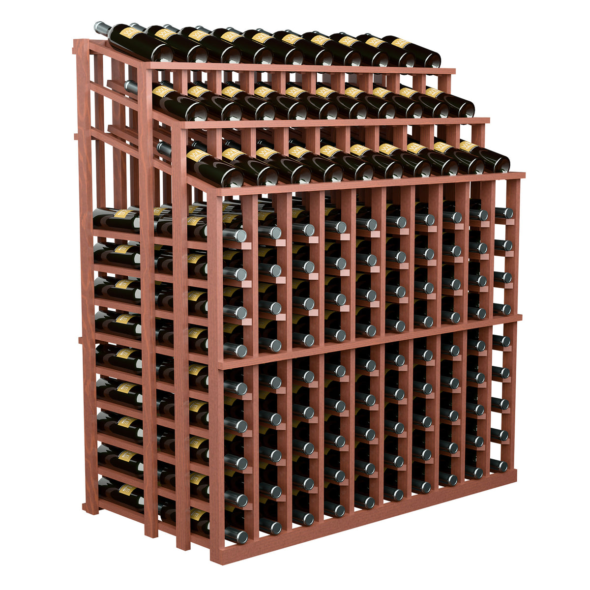 Wine bottle display rack, multi-tier wine bottle slots with reddish wood frame