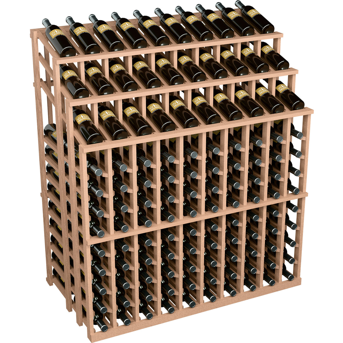 Light wood wine bottle display rack with multiple rows and dark bottles in cradles