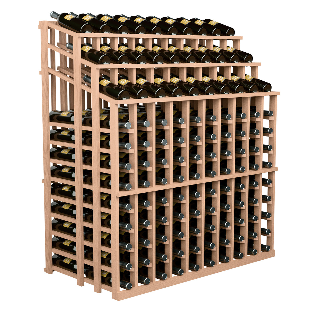 Wood wine bottle display rack with three rows of black bottles and front wine slots