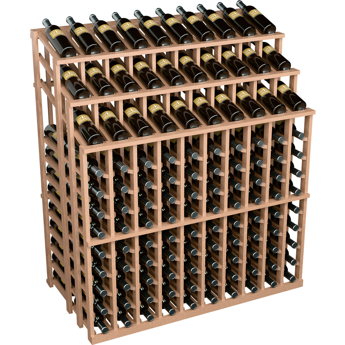 Wine bottle display rack with multi-tier slots, light wood frame holding wine bottles
