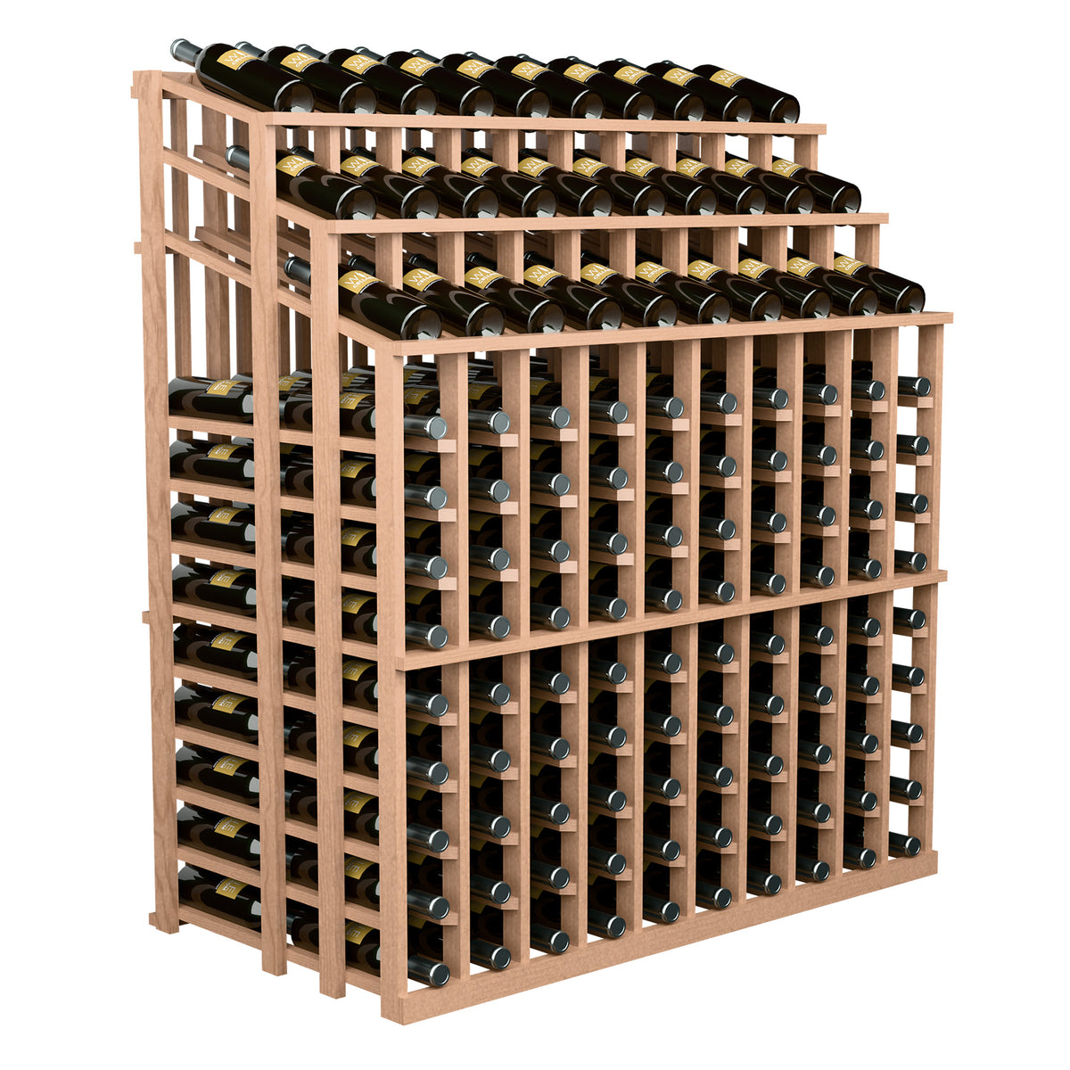 Wine bottle display rack, light wood frame with multi-tier wine bottle slots