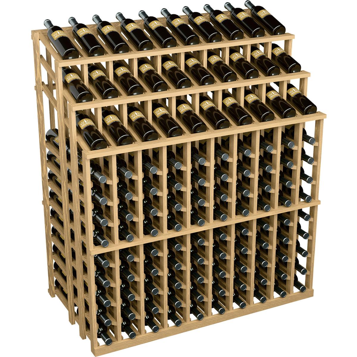 Wine bottle display rack with 3 tiers of bottles and natural wood frame