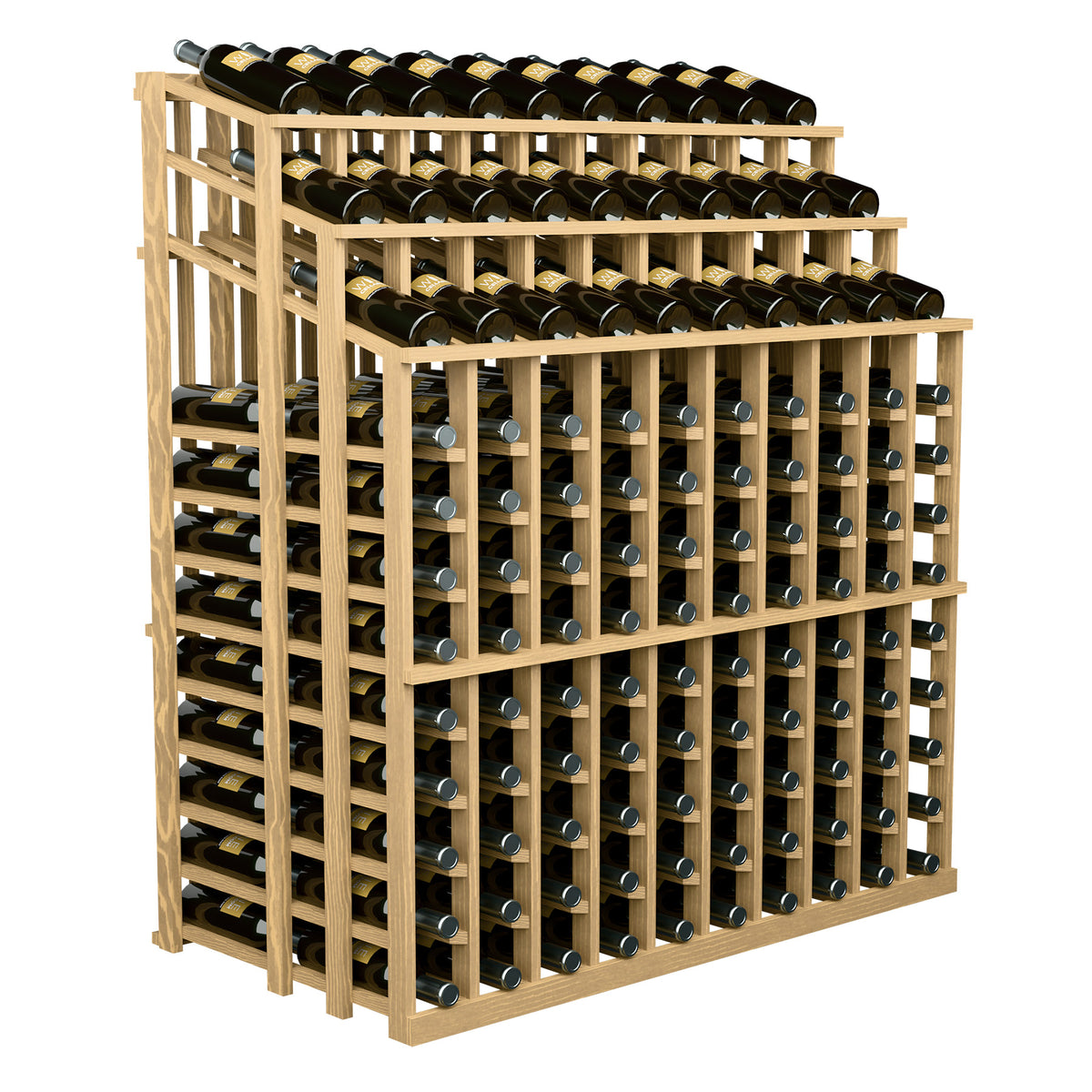 Light wood wine bottle display rack with upright bottle storage across three levels