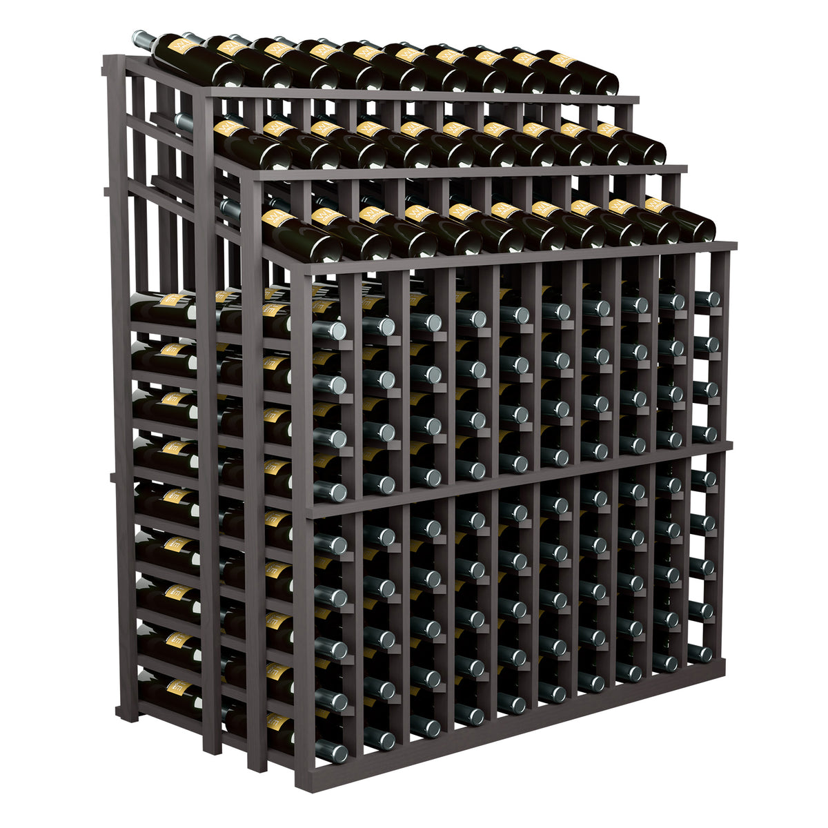 Wood wine bottle display rack with open-front triple tier, holds many bottles, dark frame.