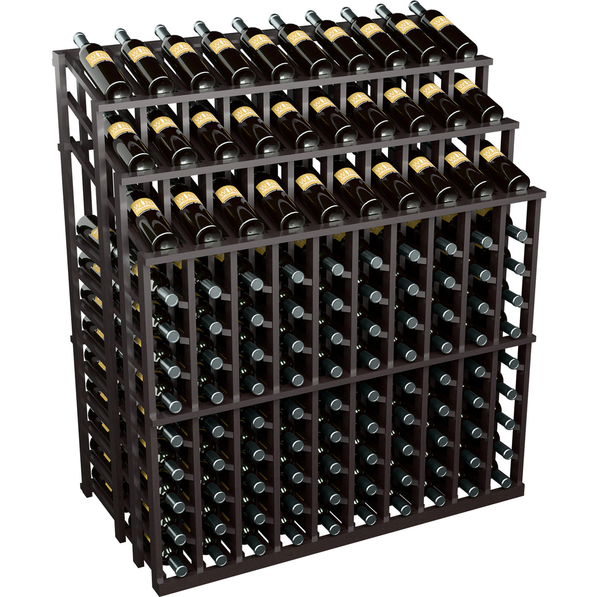 Wine bottle display rack with multi-tier slots, dark wood frame holding wine bottles