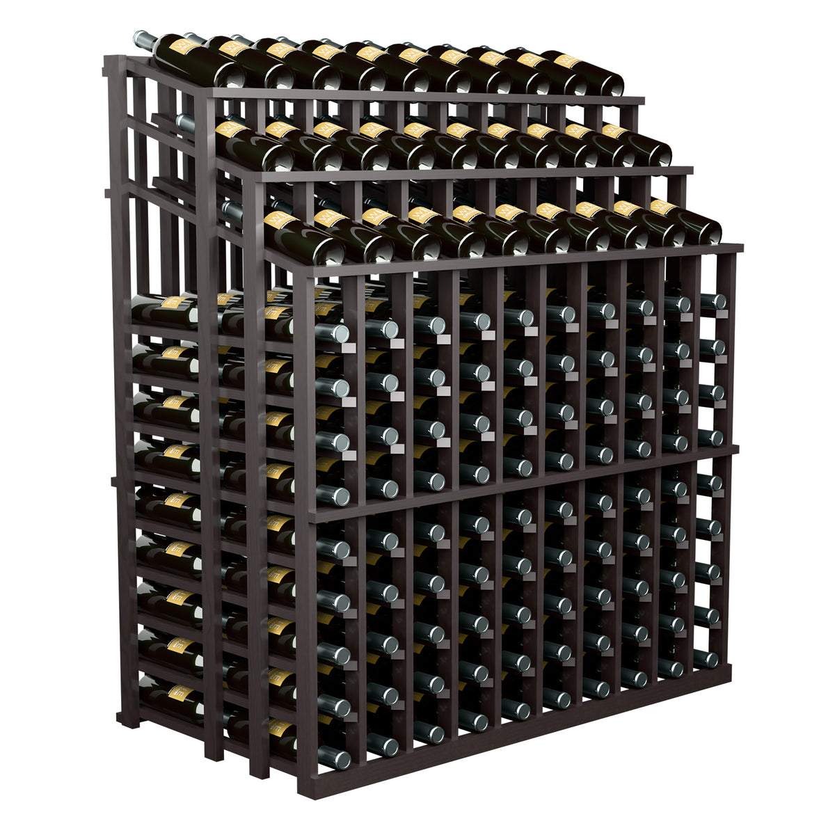 Wine bottle display rack shown from the side, dark wood frame with multi-tier bottle slots