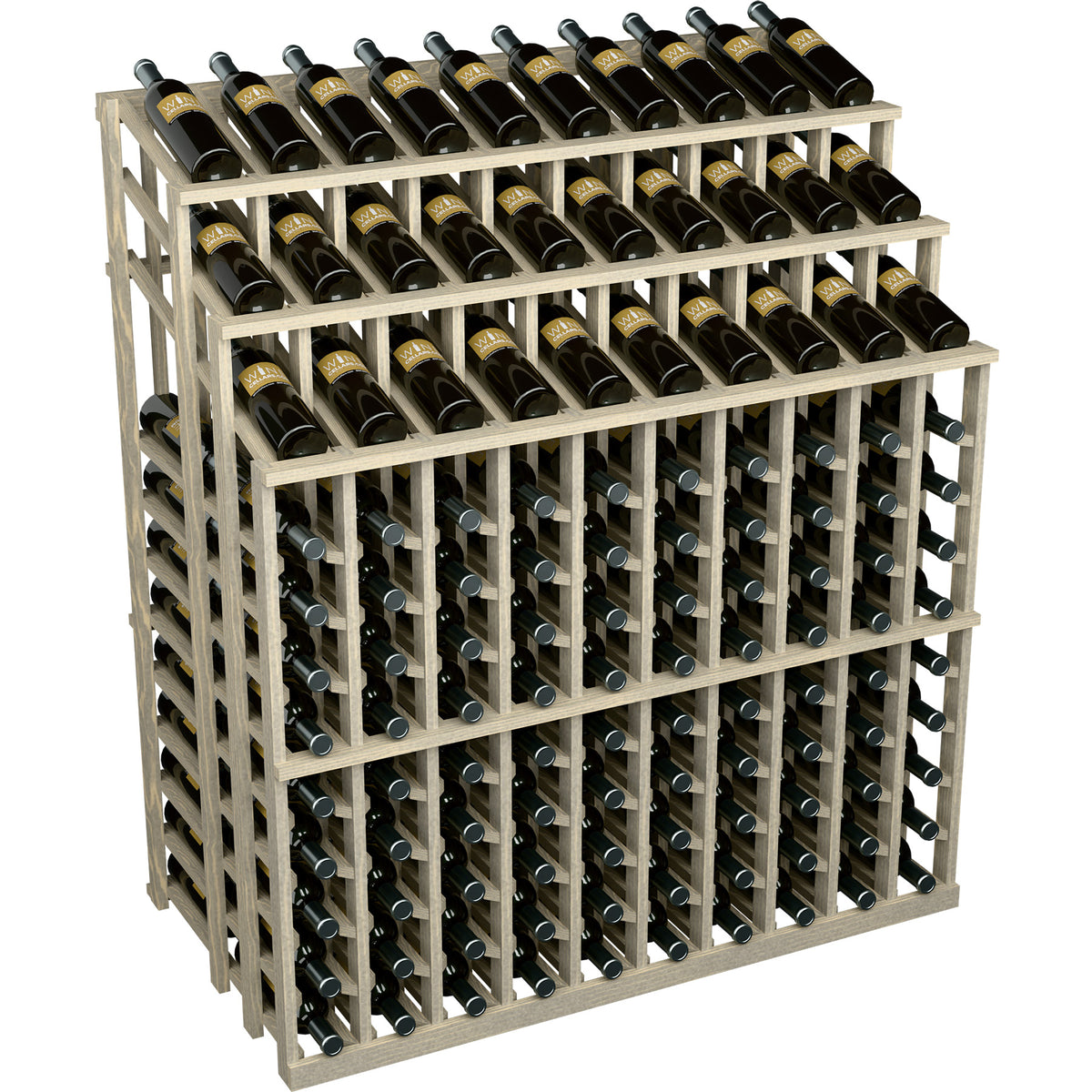 Light gray wood wine bottle display rack with multiple rows and dark bottles in cradles