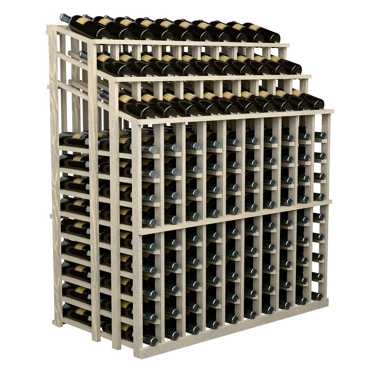 Natural wood wine bottle display rack with metal bottle holders and stacked rows of wine bottles.
