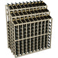 Light wood wine bottle display rack with slots for black bottles; label fronts visible