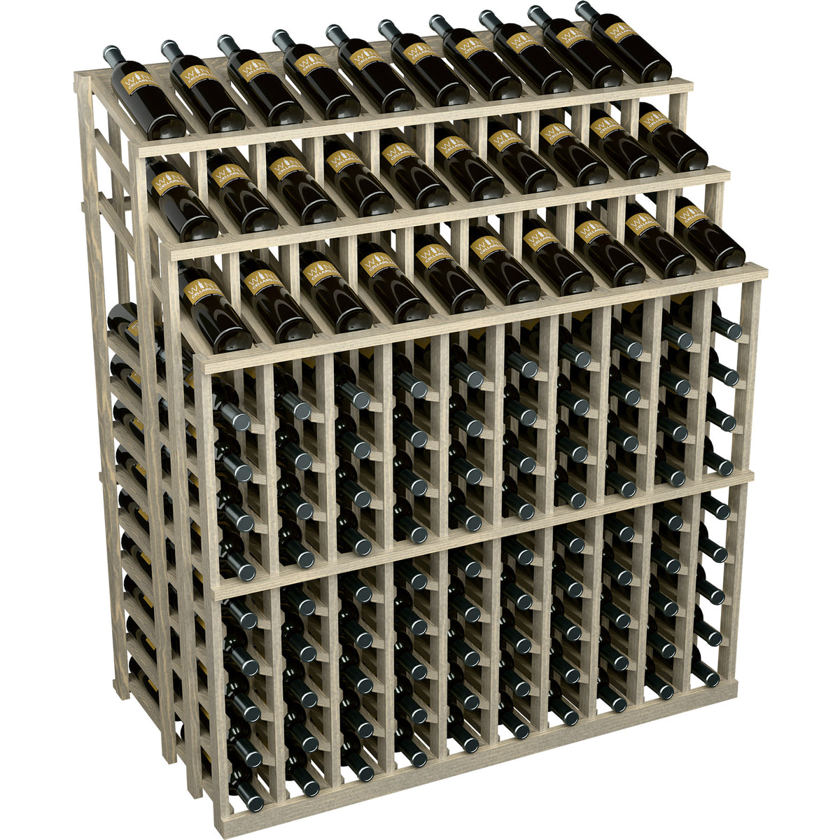 Light wood wine bottle display rack with slots for black bottles; label fronts visible