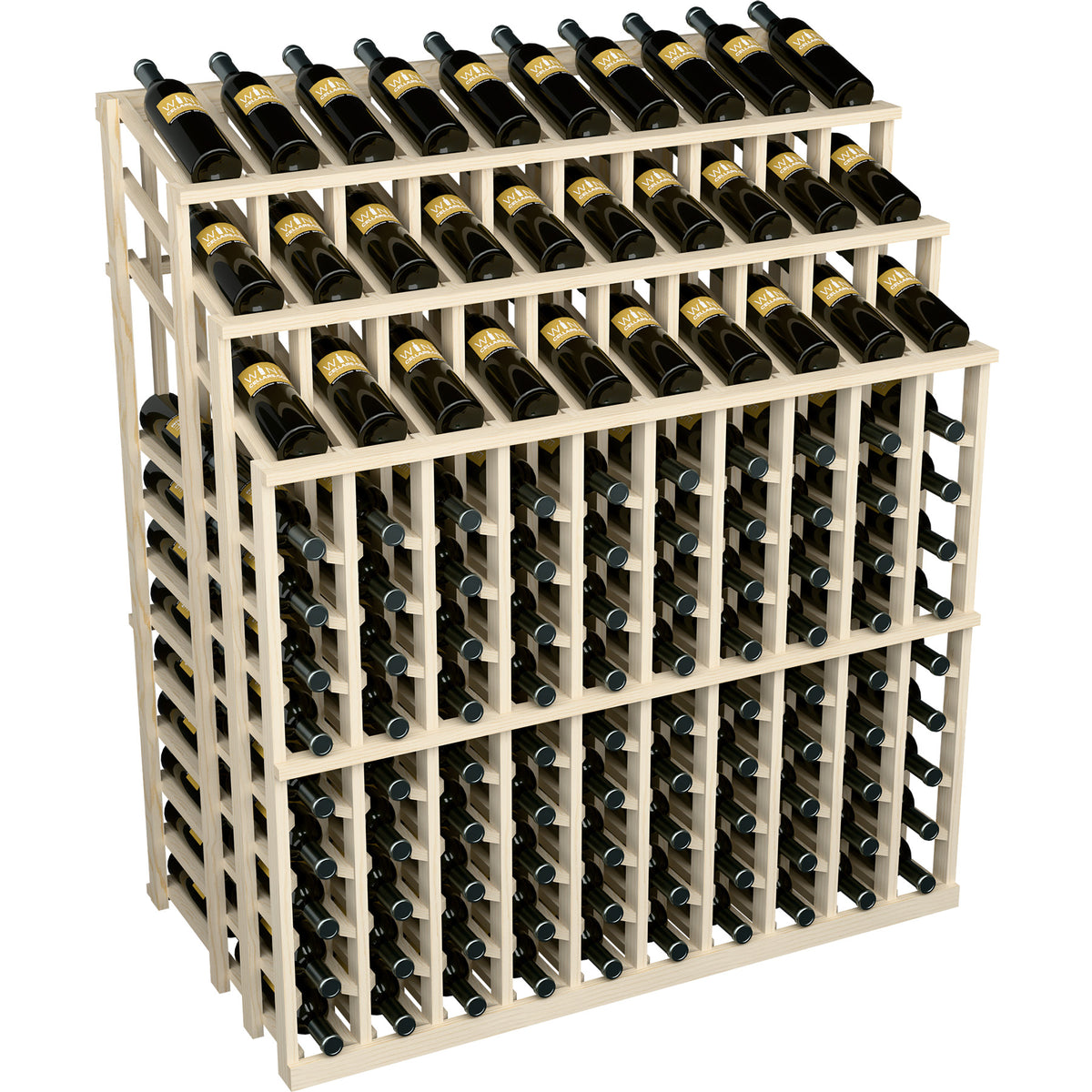 Wine bottle display rack with 3 tiers of bottles and light wood frame