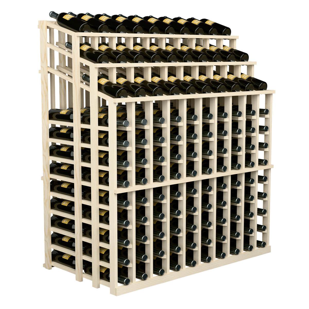 Light wood wine bottle display rack with metal bottle holders and stacked rows of wine bottles.