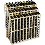 Light wood wine bottle display rack with bottle slots; black bottles with label fronts