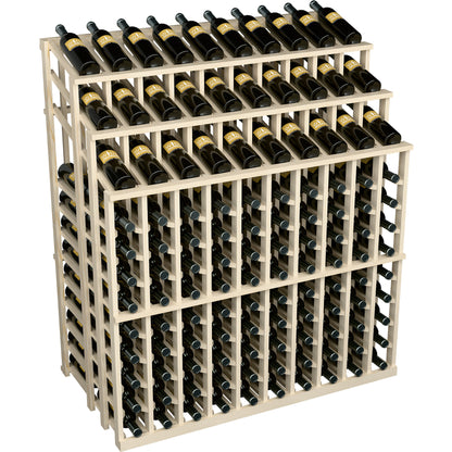Light wood wine bottle display rack with bottle slots; black bottles with label fronts