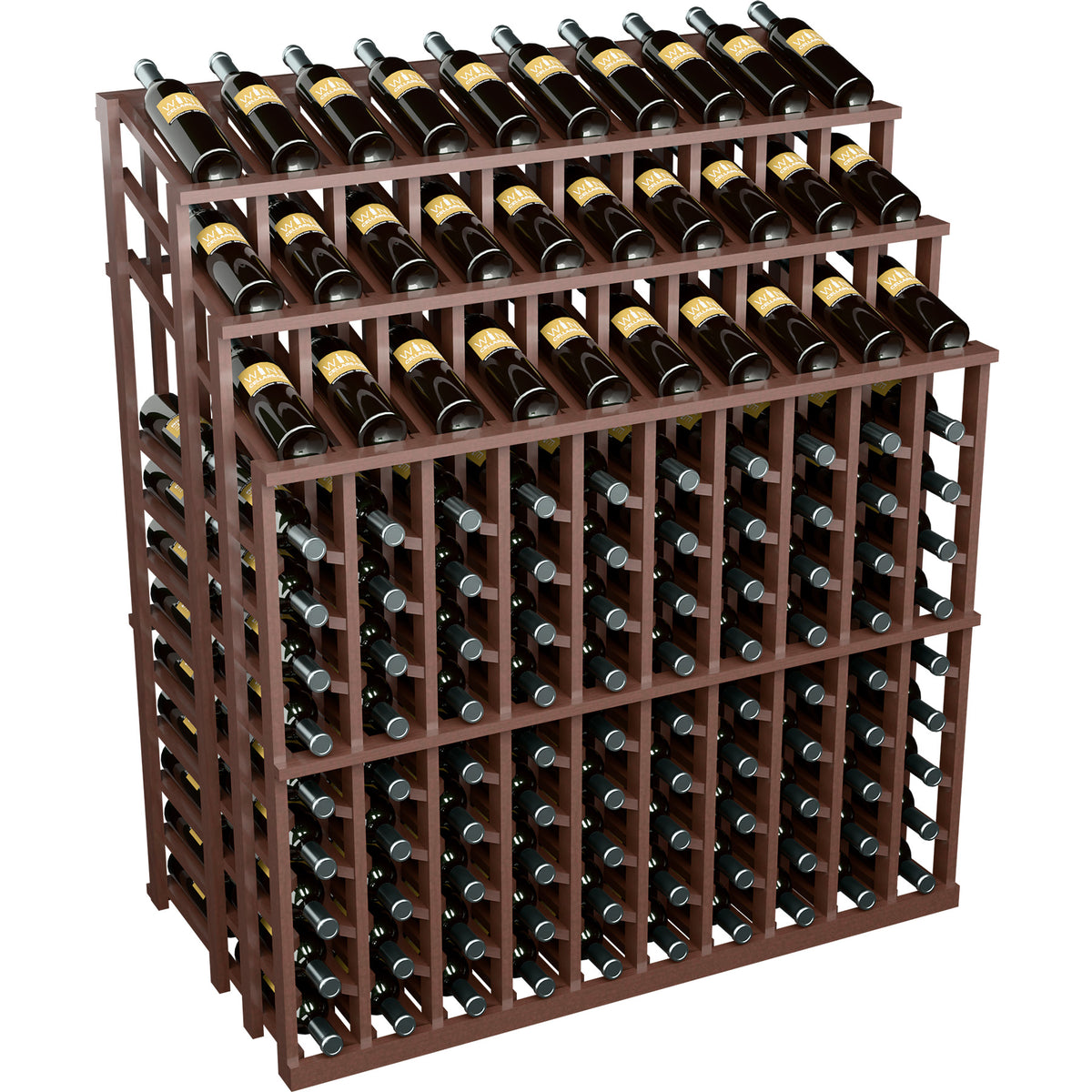 Dark wood wine bottle display rack with slots for black bottles; label fronts visible