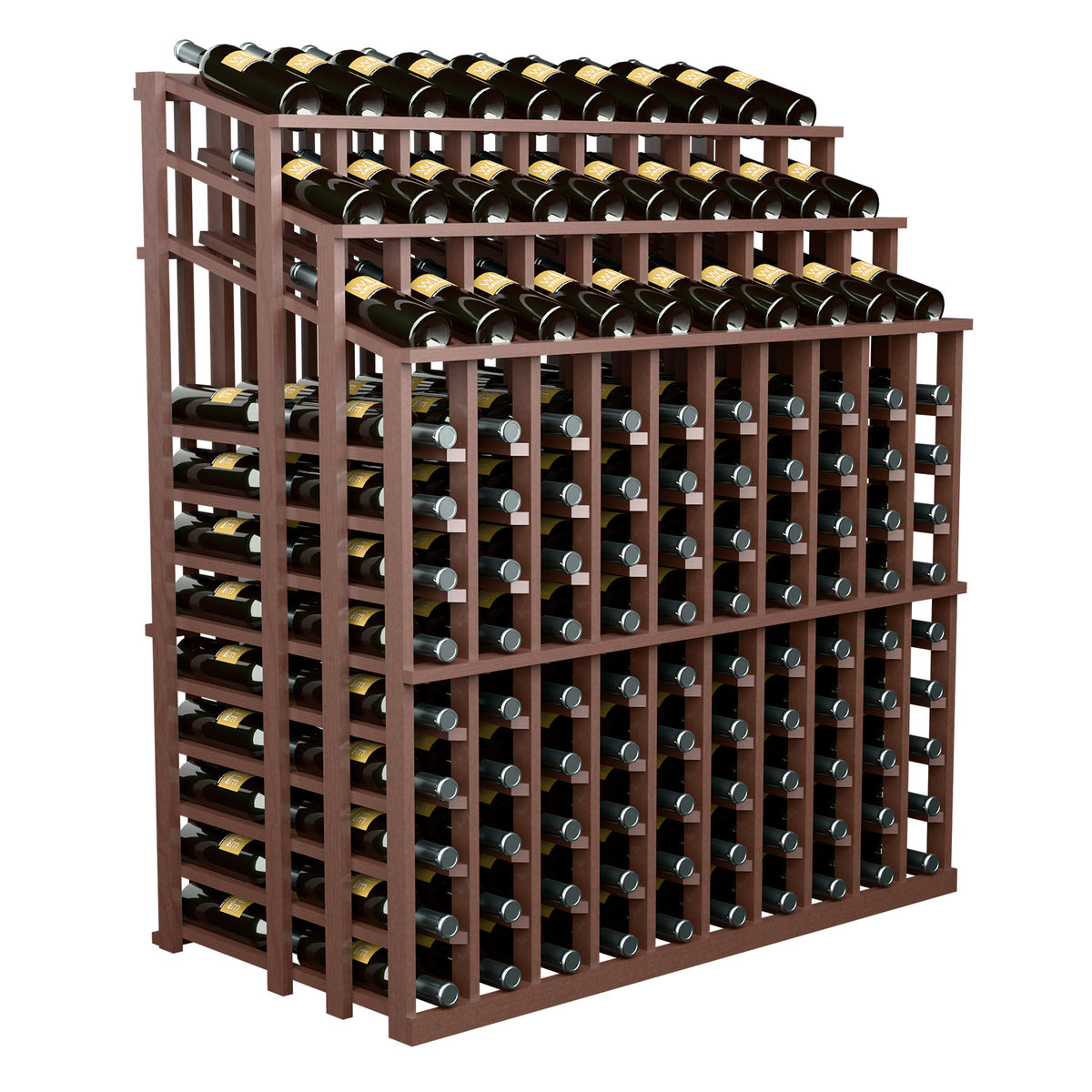 Dark wood wine bottle display rack, side view; rows of black bottles with labels