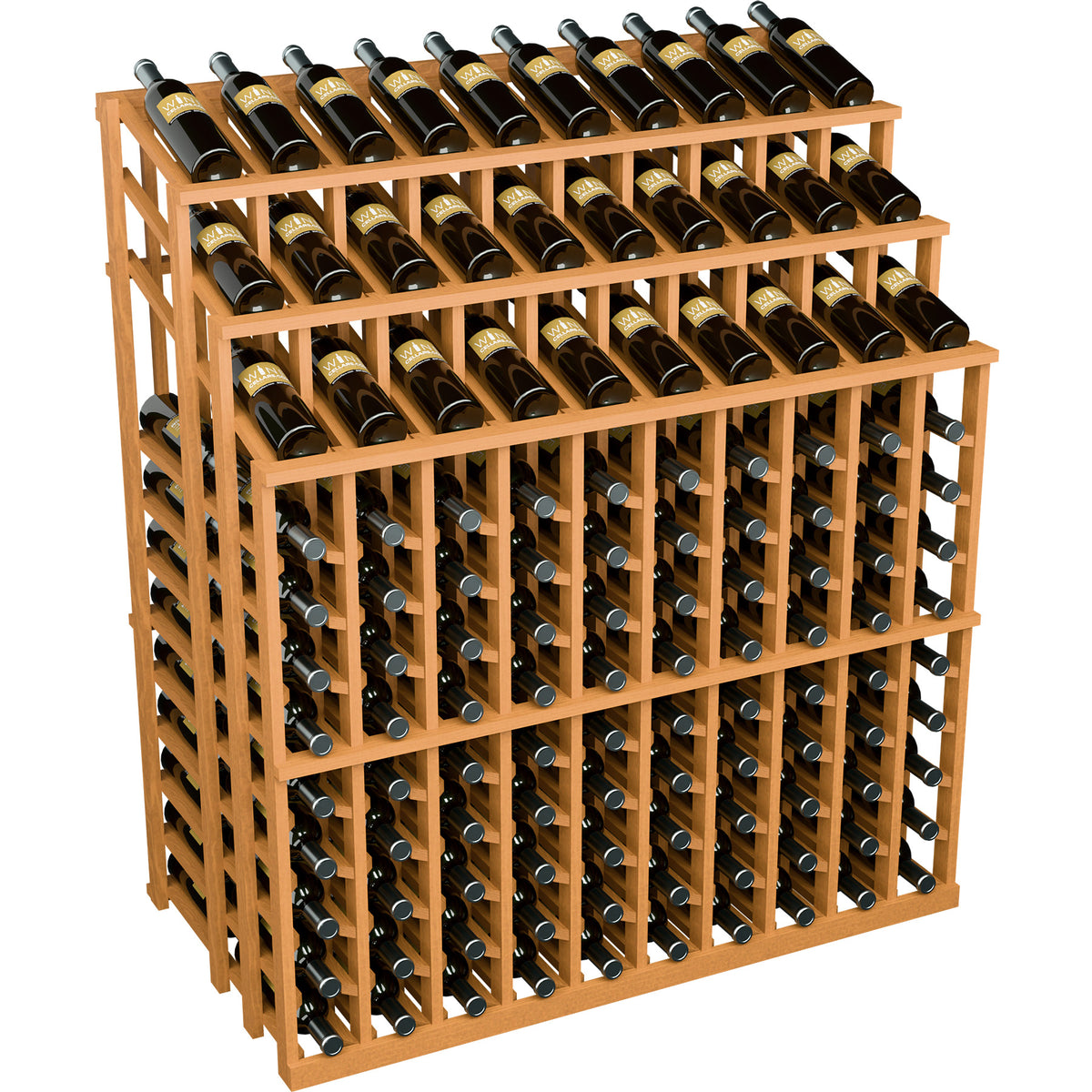 Light wood wine bottle display rack with multiple rows and dark bottles in cradles