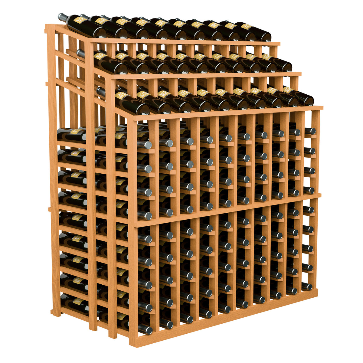Tan wooden wine bottle display rack with metal bottle holders and several rows of wine bottles.