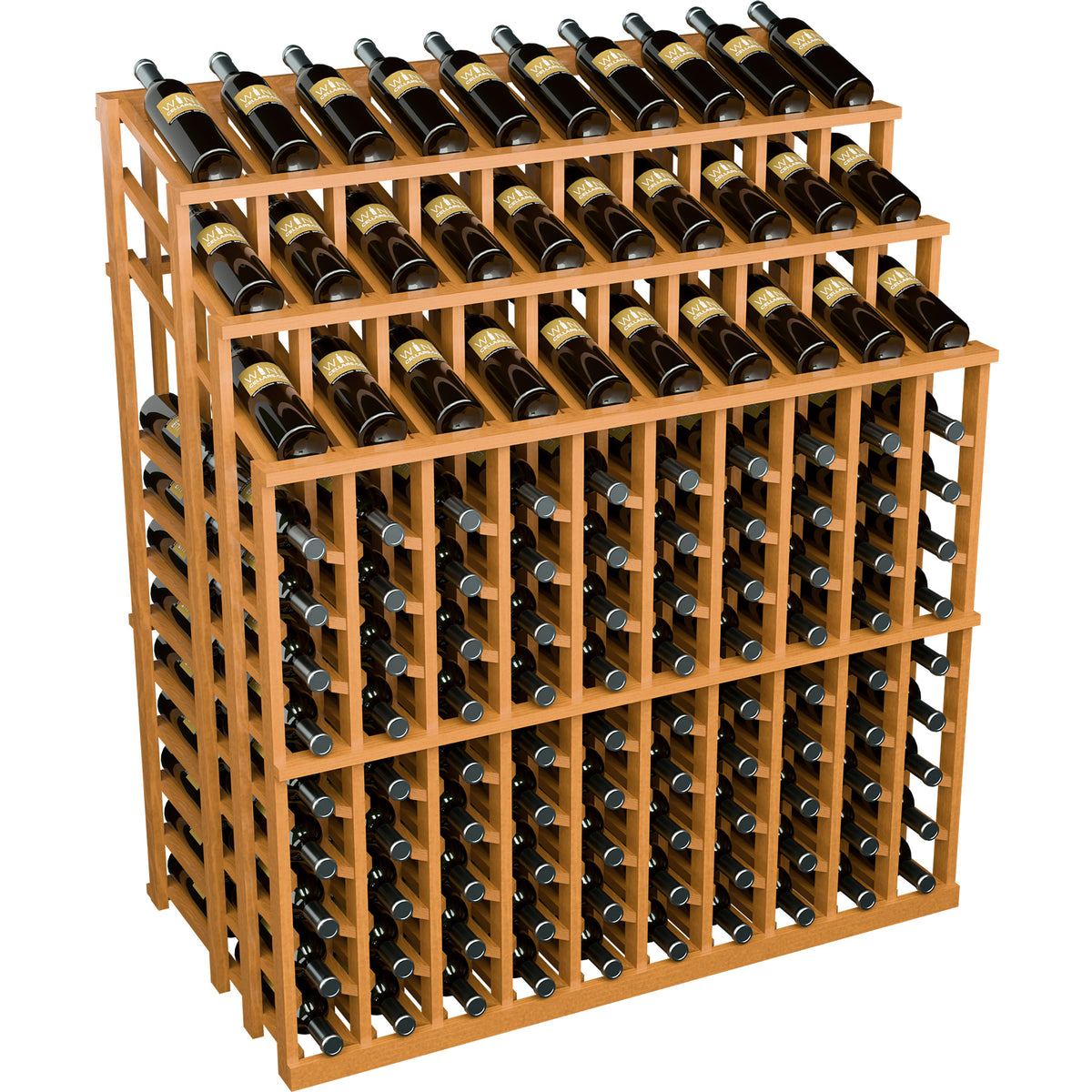 Honey-colored wood wine bottle display rack with slots for black bottles; label fronts