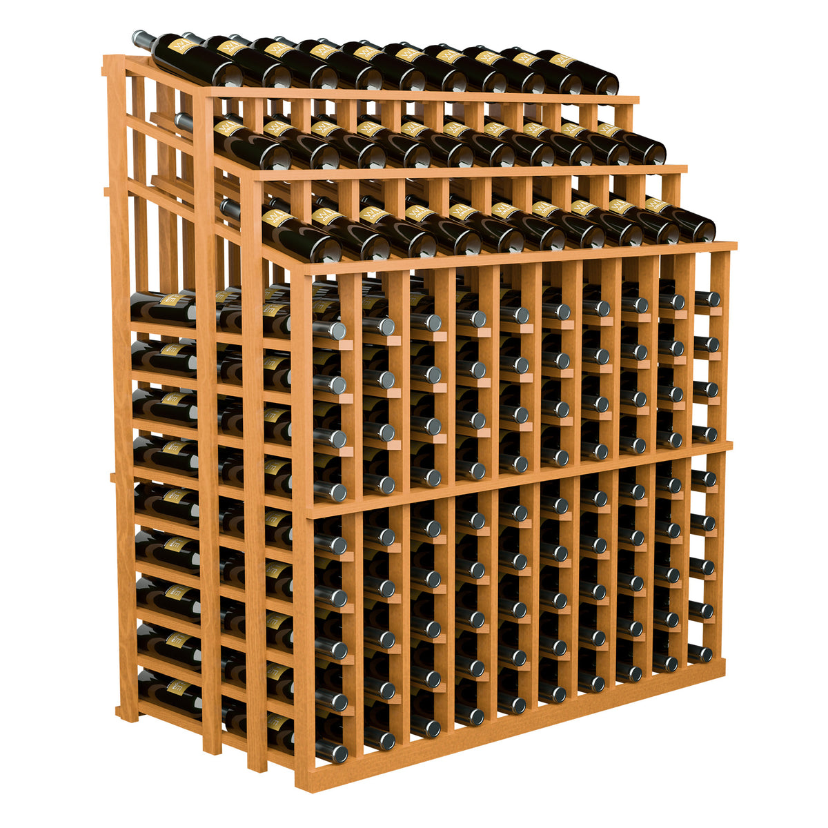 Honey-colored wood wine bottle display rack, front-right view; black bottles in rows