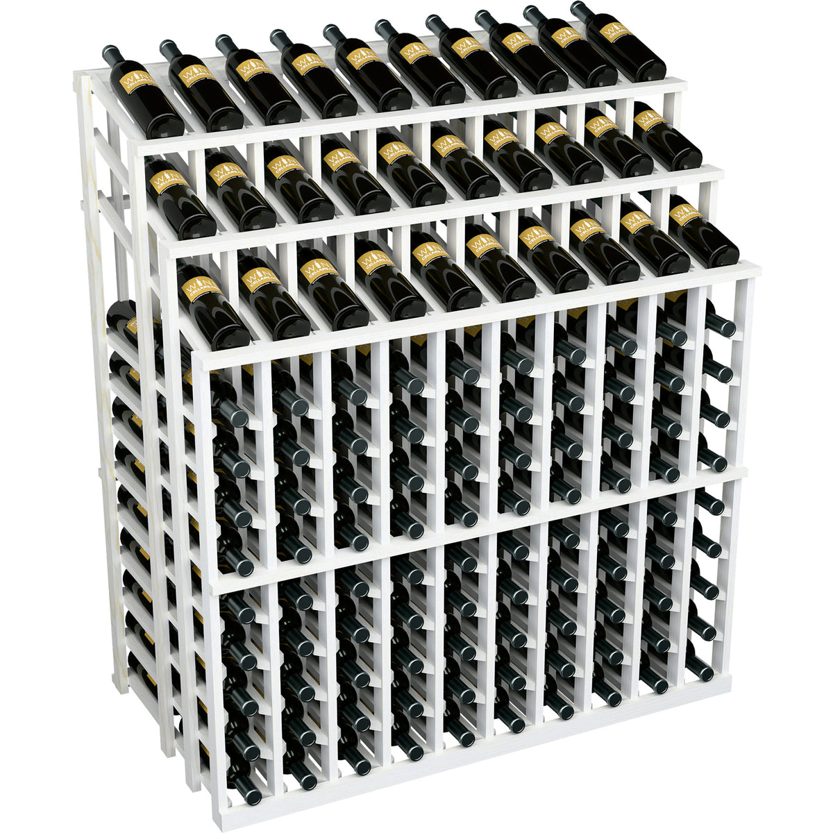 White wood wine bottle display rack with multiple rows and dark bottles in cradles