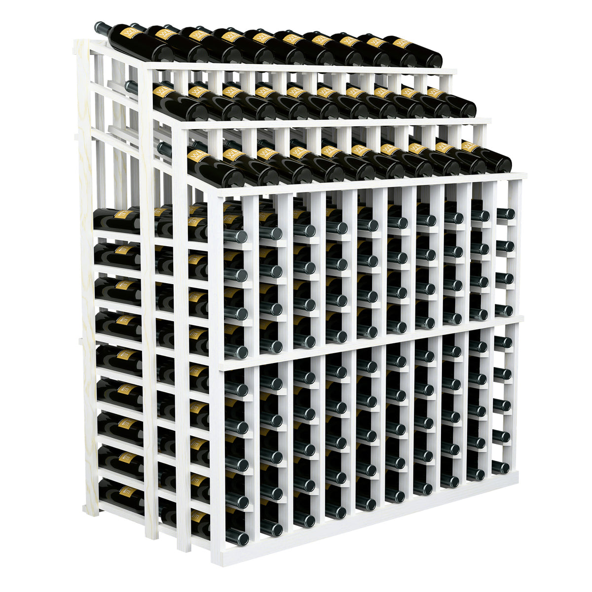Commercial wine bottle display rack with white frame and black bottle storage grid