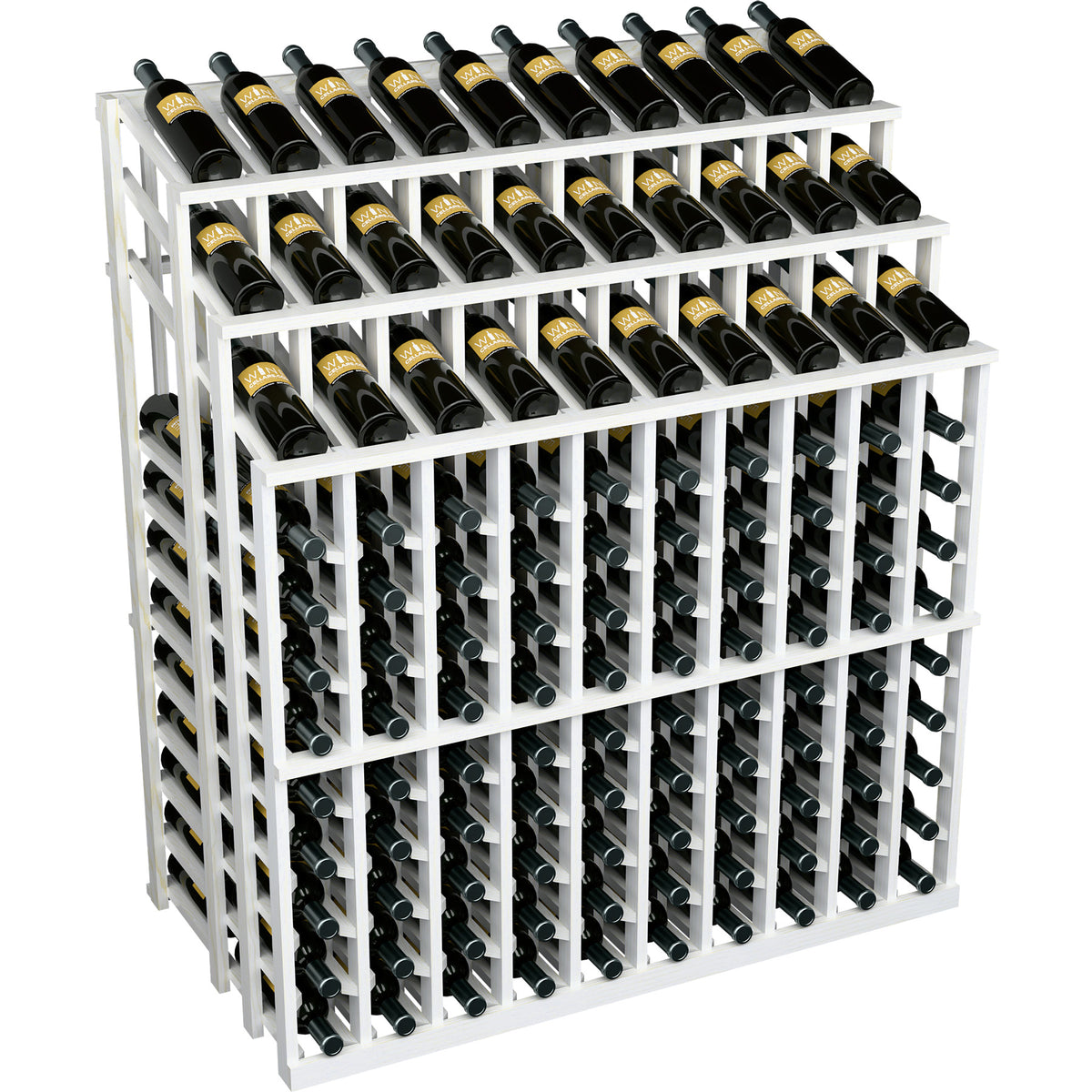White wine bottle display rack with slots for black bottles; label fronts visible