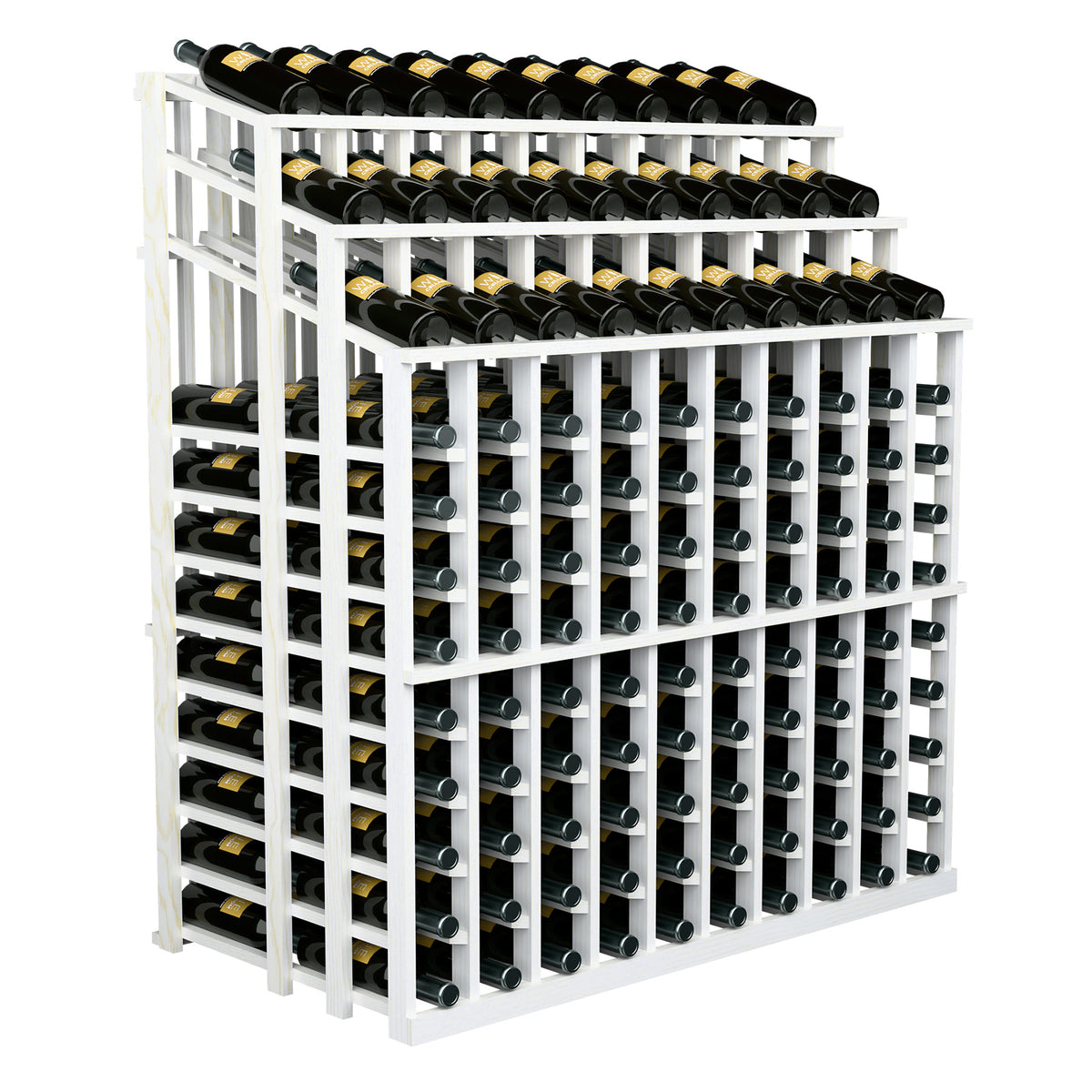 White wine bottle display rack, side view; rows of black bottles with label fronts