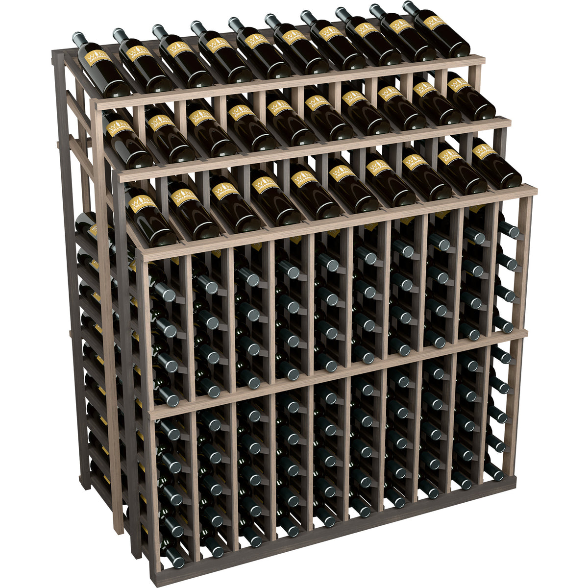 Dark gray wine bottle display rack with black bottles in three tiers and front wine slots