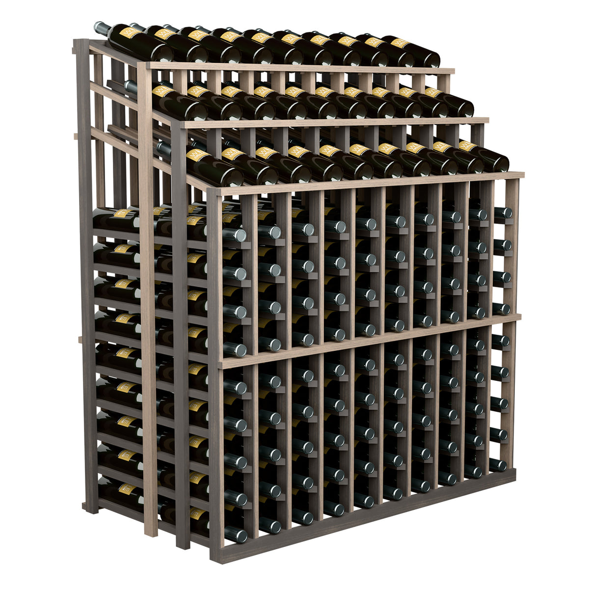 Commercial wine bottle display rack with light wood frame and black bottle rows