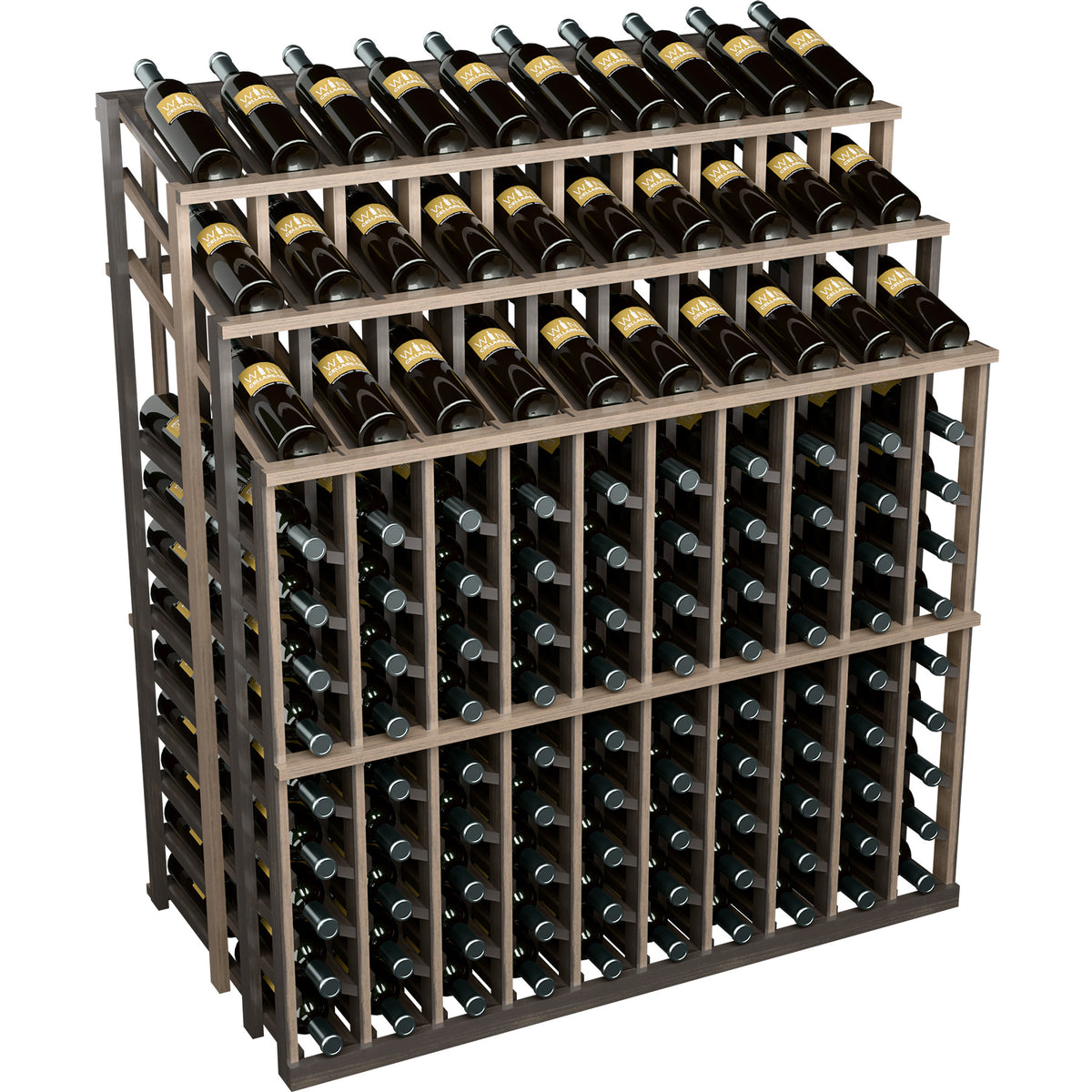 Wine bottle display rack, dark wood frame with bottle slots in three stacked levels