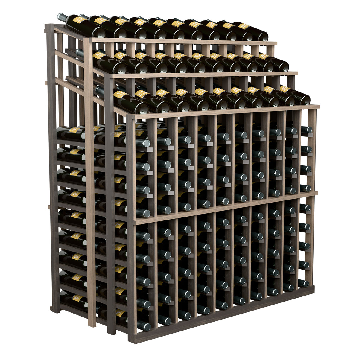 Wine bottle display rack, light wood frame with bottle slots in stacked rows