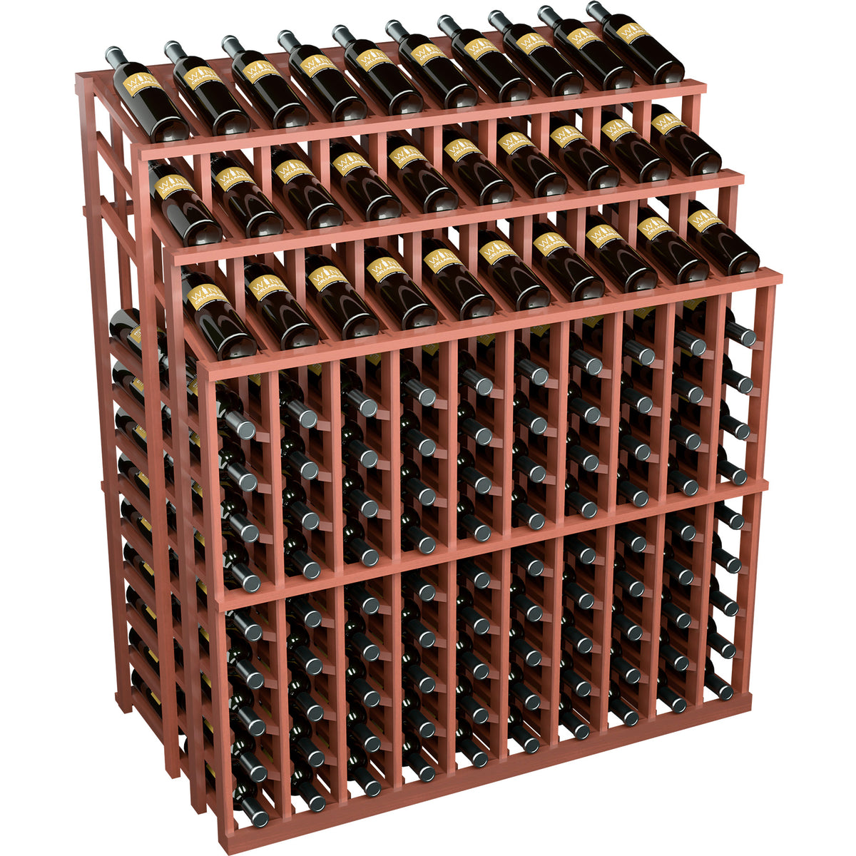 Wine bottle display rack, red-stained wood frame with three levels of bottle holders